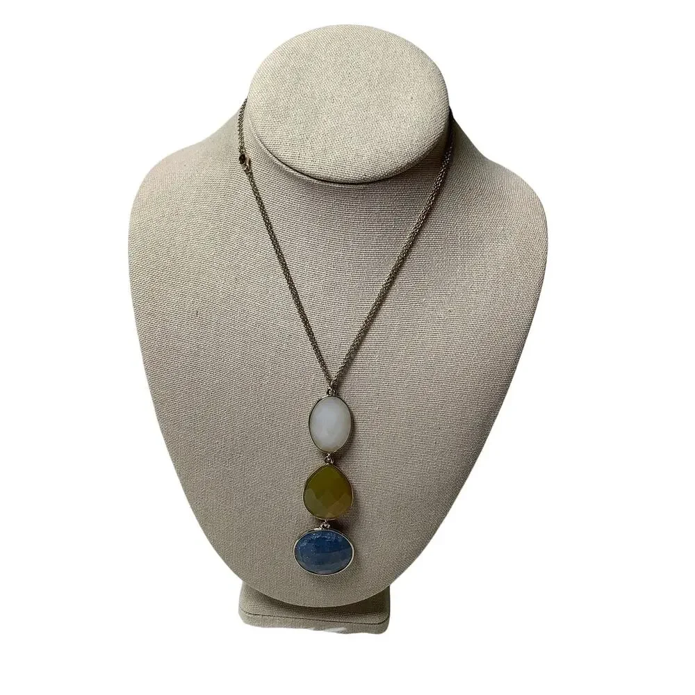 LOFT Gold Tone Multi Stone Blue Green White Pendant Statement Necklace F18-58